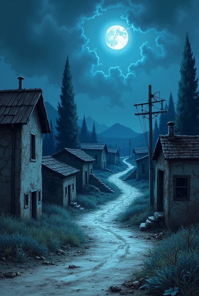 Hand drawn map of the ghost town of solis. the village of solis emanates a blue-black aura from its rudimentary buildings, and has dirt roads and a potato plantation in the background