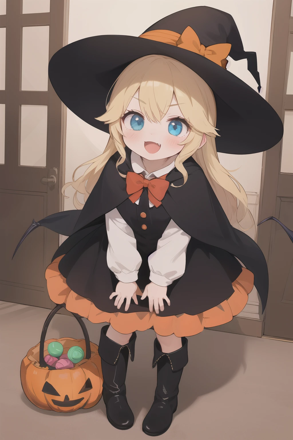 indoors,door,open door,halloween,halloween bucket,lollipop,sidelocks,1girl,solo,witch,kawaii,full body,
blue eyes,blush,nose blush,open mouth,^^^,wavy mouth,(evil smile:1.3),fang,embarrassed,v-shaped eyebrows,
blonde hair,bangs,o_o,long hair,
standing,hand between legs,holding basket,
trick or treat,
hat,witch hat,halloween costume,dress,black dress,short dress,bowtie,red bowtie,bow,red bow,black headwear,stocking,black stocking,boots,knee boots,black footwear,long sleeves,capelet,cape,red capelet