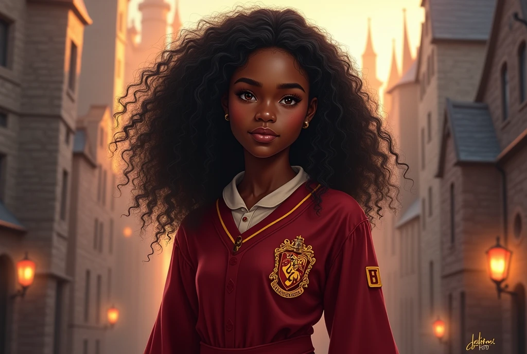 Angelina Johnson from the Harry Potter universe. Black-haired dark-skinned girl with curly hair, red uniform, 20 years, captain of the gryffindor Quidditch team