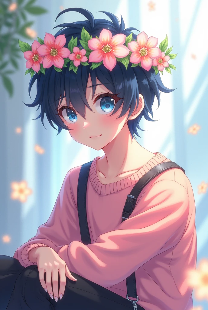 Male, Anime, 18-year old, Twink, Short black hair, Blue eyes, Flower crown, Rose-colored sweater, Black trousers, Black boots
