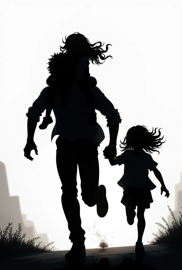 Man running with a cap carrying a girl on his neck and another one holding her by the hand, only silhouette