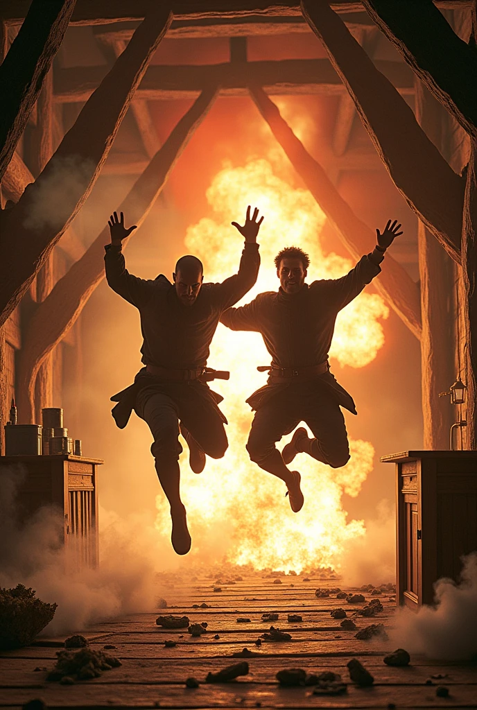 generates two men jumping in an explosion that is medieval in a wooden house

