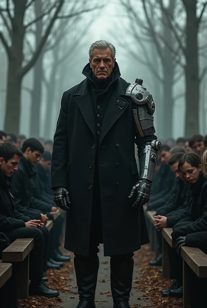 B.J Blazkowicz with a metal arm at a funeral for his friend