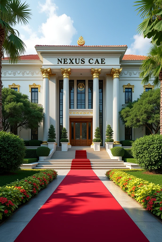 A luxurious, presidential standard company headquarters with the name NEXUS(CAE) on it and red carpet on entrance with Singaporean architecture,grass, flowers and on it's own space and compound where is the name NEXUS (CAE)