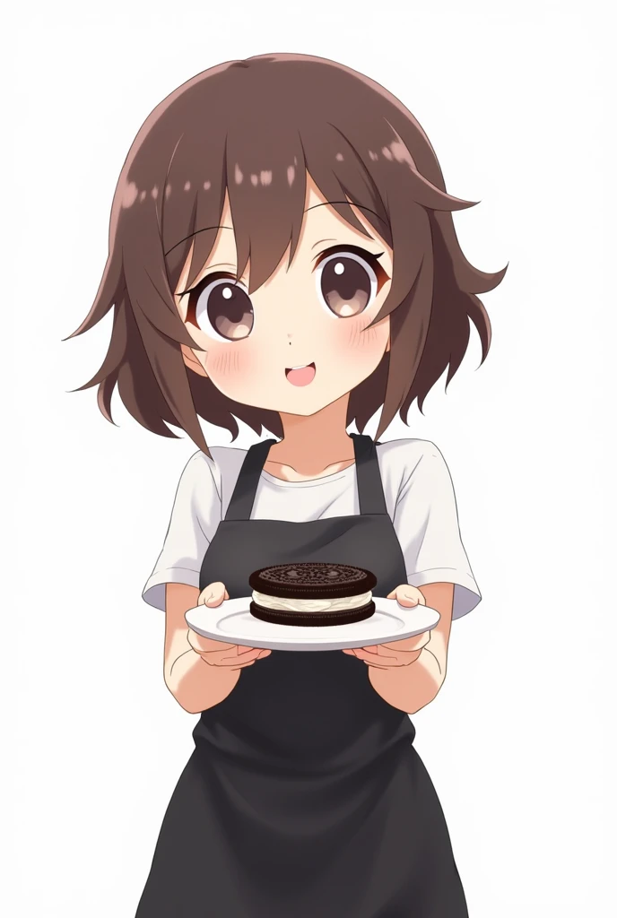 Woman in black apron holding plate with Oreo sandwich Anime chibi White background