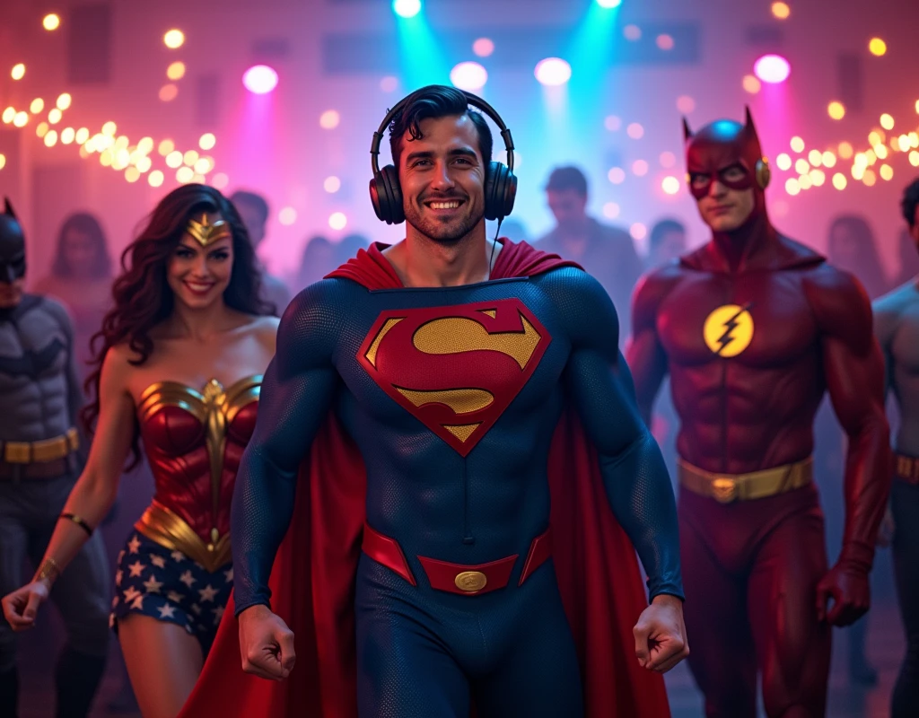 Superman, using large headphones, is in a lively party room. Ao fundo, a DJ table is full of equipment, and a DJ in cool clothes is playing music. In front of the screen, several iconic superheroes, like wonder woman, Batman e Flash, are having fun and dancing to the rhythm of the music. The lighting is vibrant, with colorful neon lights and rotating spotlights, creating a party atmosphere. Superman, with his classic attire and a relaxed expression, is at the center of the scene, interacting with the other heroes, while everyone enjoys the DJ's sound. The image captures a festive and fun vibe., mixing the world of superheroes with a typical scene from a modern nightclub.