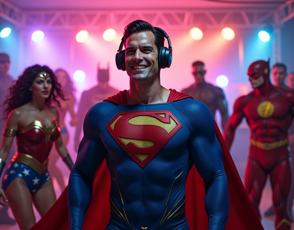 Superman, using large headphones, is in a lively party room. Ao fundo, a DJ table is full of equipment, and a DJ in cool clothes is playing music. In front of the screen, several iconic superheroes, like wonder woman, Batman e Flash, are having fun and dancing to the rhythm of the music. The lighting is vibrant, with colorful neon lights and rotating spotlights, creating a party atmosphere. Superman, with his classic attire and a relaxed expression, is at the center of the scene, interacting with the other heroes, while everyone enjoys the DJ's sound. The image captures a festive and fun vibe., mixing the world of superheroes with a typical scene from a modern nightclub.