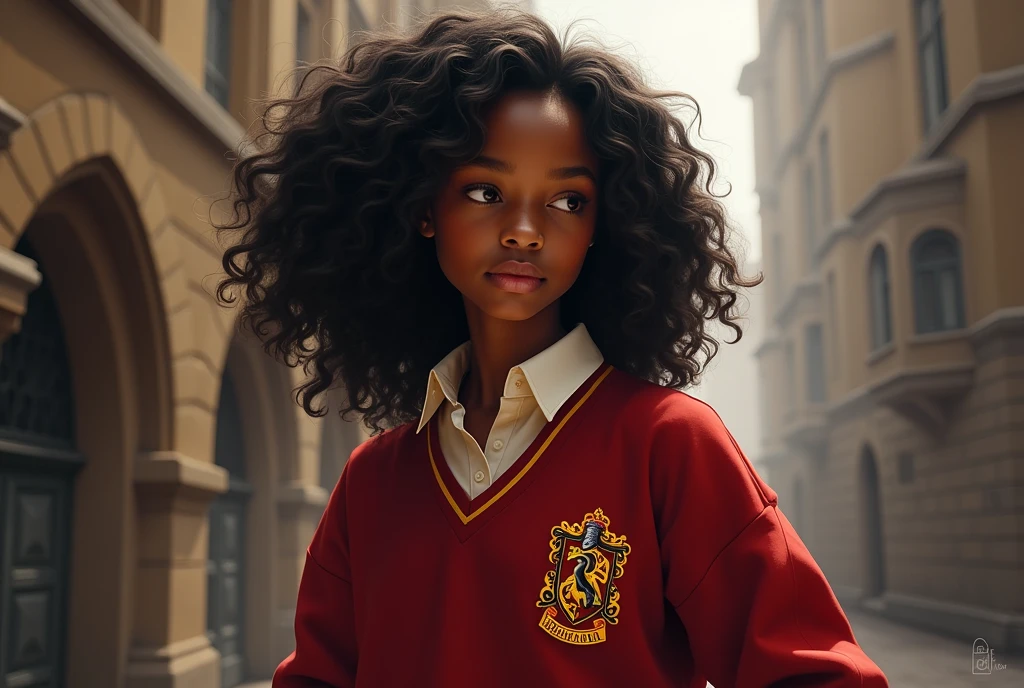 Angelina Johnson from the Harry Potter universe. Black-haired dark-skinned girl with curly hair, red uniform, 20 years, captain of the gryffindor Quidditch team
