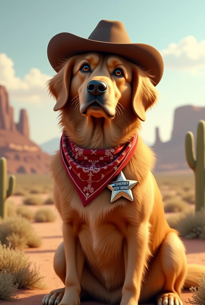 A golden retriever dressed as a cowboy with a bandana around its neck and a sheriff's badge in profile 