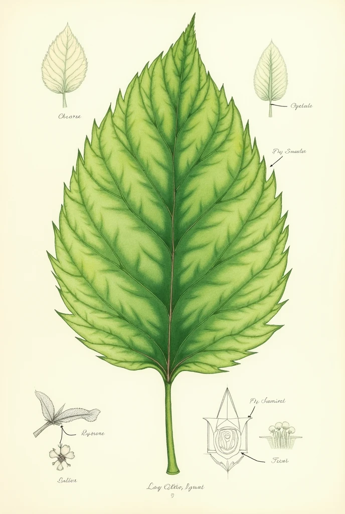 Create an image of a work on a sheet of paper where in the center there is a leaf of a plant and on the sides explain the parts of the leaf.