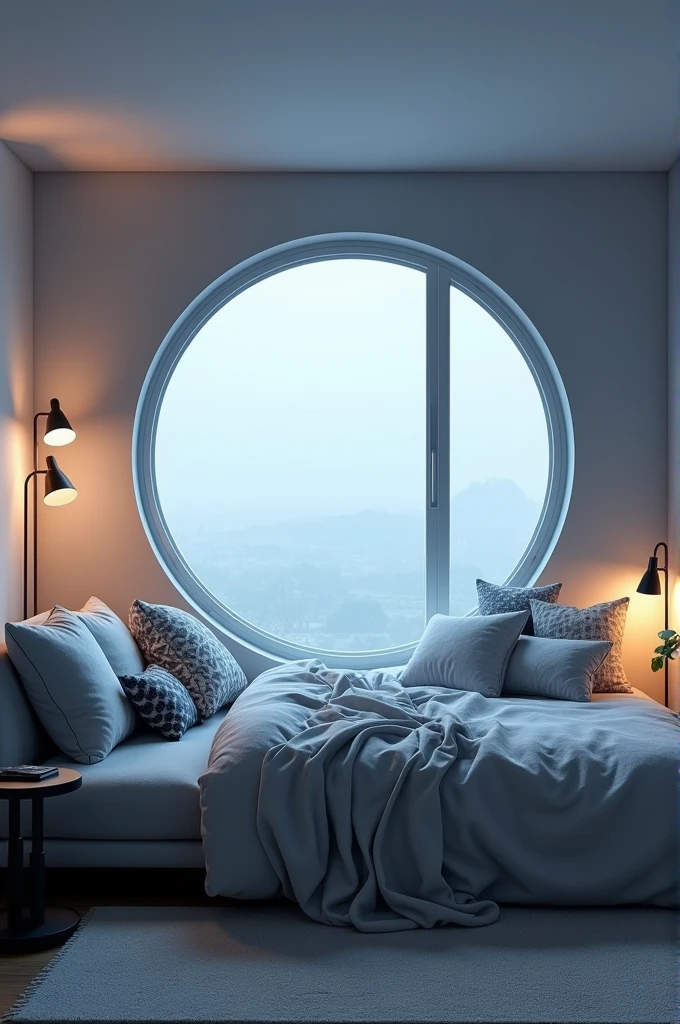Generate a detailed image of a modern bedroom corner with a large window, showing a bed or seating area with several pillows in various patterns. Include sleek, wall-mounted lamps on either side of the window, soft ambient lighting, and minimalist decor in a cool-toned color scheme. Show different angles, such as from the bed looking out the window and from the window looking into the room.