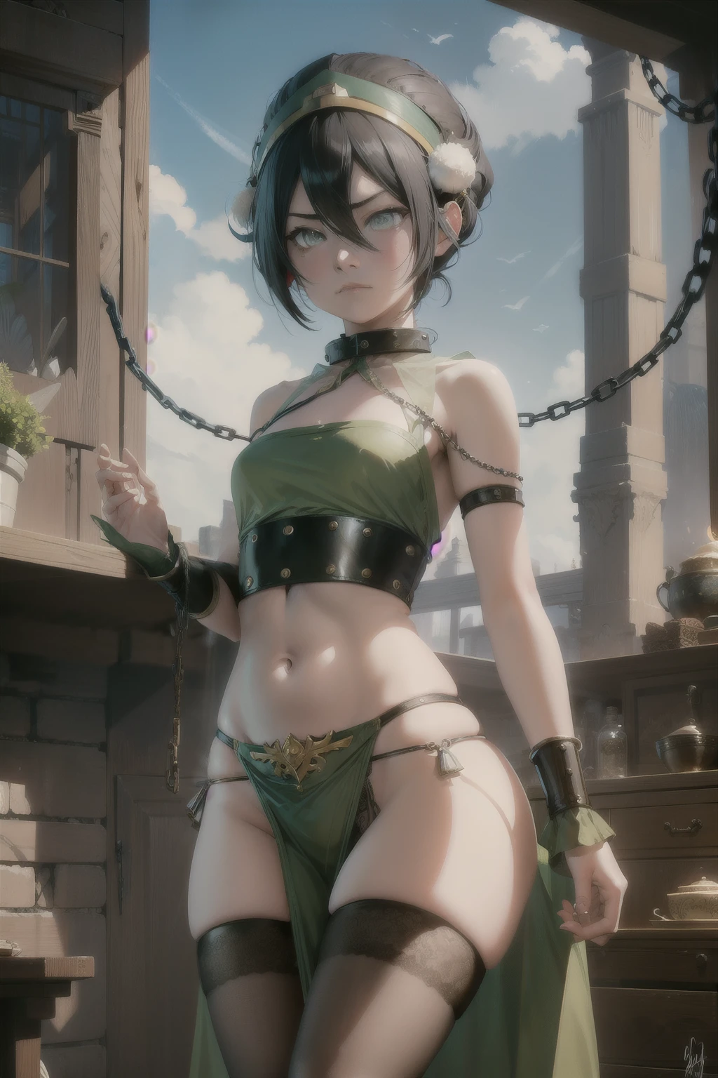 Ultra detailed , anime , toph beifong ,angry face ,blush ,veil mouth ,dark skin ,green  veils , short black ,  skinny , flat chest, odalisque custome , metal collar, slave chains, odalisque, in a dark dungeon. , pelvic  curtain  garterbelt  lace stockings, belly dance,  veil transparent , joias , sexy. Slaves chains .