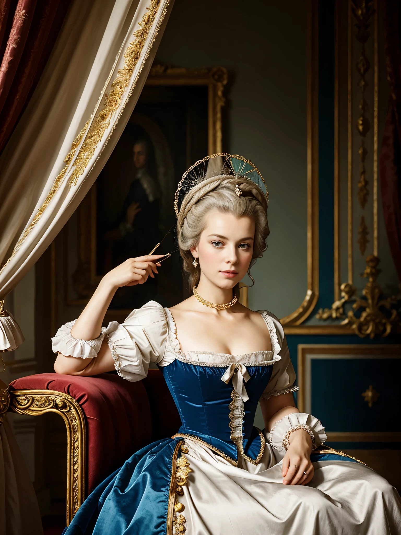 Marie－Antoinette、French Queen&#39;s Blue Dress、Front view, standing pose, looking at viewer, French female, Age: 22 age-old, ((silver hair:1.3) , middle hair , fringe, green eye beautiful lip), (C cup breasts, slender whist, middle hip ,beautiful pussy, beautiful anal, realistic bush under Hair) ,(18 century, French old Fashion, old dress,:1.3),on floor ,in Pales , sunset, , accurate, anatomically correct, textured skin, beautiful fingers super detail, high details, high quality, best quality,very long eyelashes, 4k,8k,high resolution,  detailed face, beautiful detailed glitter makeup, pink shiny lipgloss, smiling