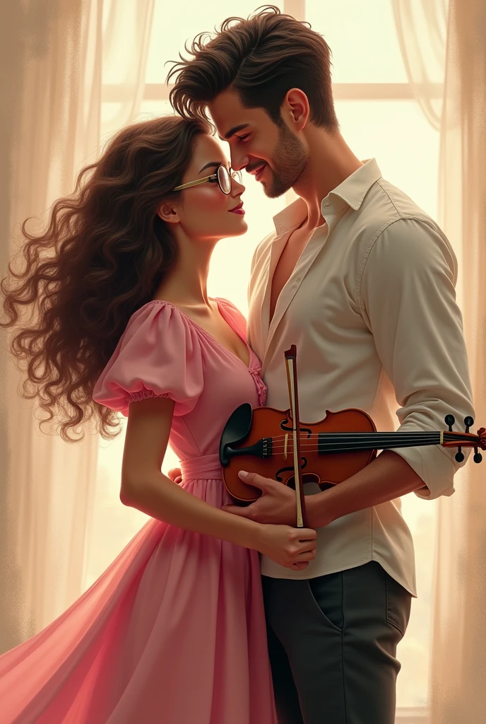 Make a picture of a couple.
The girl has brown curly hair, her face is inverted triangular and has beautiful cheeks, she wears glasses and has brown eyes. She wears a pink dress with puff sleeves and long. She has large .
The boy has a robust and beautiful body, is taller than her, has green eyes, black hair and a beautiful smile, he holds a violin. sem beard, He is 1.