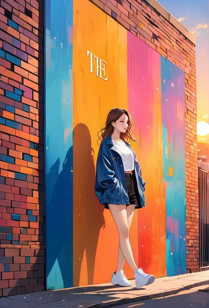 Watase Seizo style, whole body, Low - Angle, Standing in front of a high wall，Simple line initials，Abstract art，Urban Background, (((The most beautiful girl))), Lips in Love, walk, Colorful flowers, colorful, Sunset, Sunset