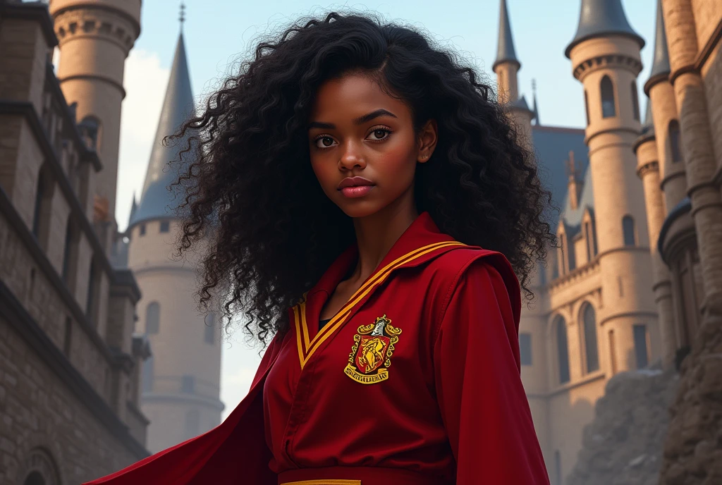 Angelina Johnson from the Harry Potter universe. Black-haired dark-skinned girl with curly hair, red uniform, 20 years, captain of the gryffindor Quidditch team