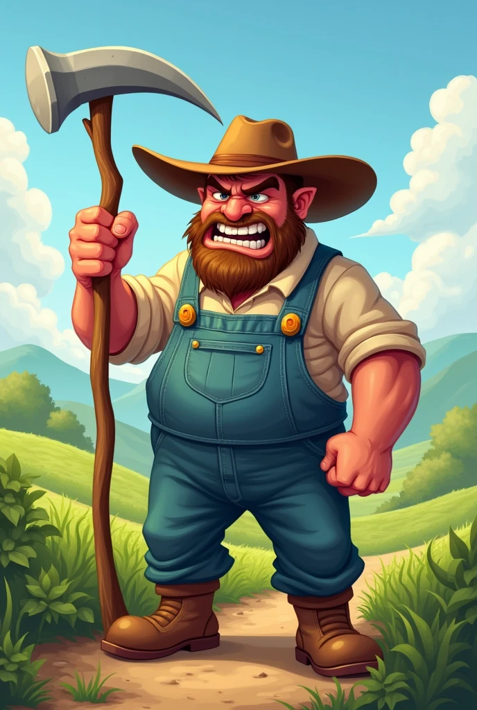 Farmer holding a sickle with a mean face cartoon 