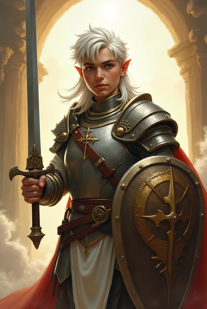 a holy looking youthful male half elf paladin (Dungeons & Dragons), holding a sword and shield, white silver hair, wearing a helmet, holy scenery, no cape