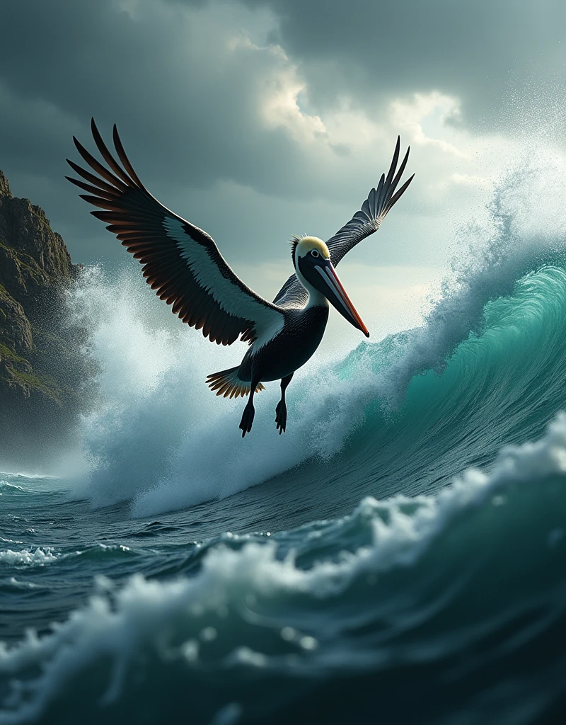 a pelican diving into a turbulent sea, dynamic action shot, wild nature photography, dramatic lighting, stormy ocean waves crashing, dramatic sky, moody colors, cinematic composition, dramatic pose, extreme detail, photorealistic, 8k, best quality, masterpiece