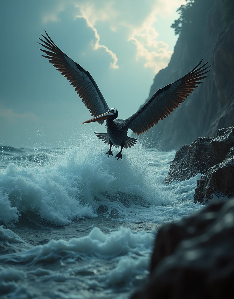 a pelican diving into a turbulent sea, dynamic action shot, wild nature photography, dramatic lighting, stormy ocean waves crashing, dramatic sky, moody colors, cinematic composition, dramatic pose, extreme detail, photorealistic, 8k, best quality, masterpiece