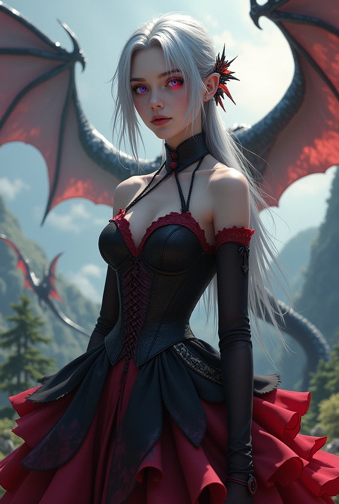 Beautiful silver-haired girl with a purple right eye and a red left eye wearing a black and red dress with a landscape with dragons 