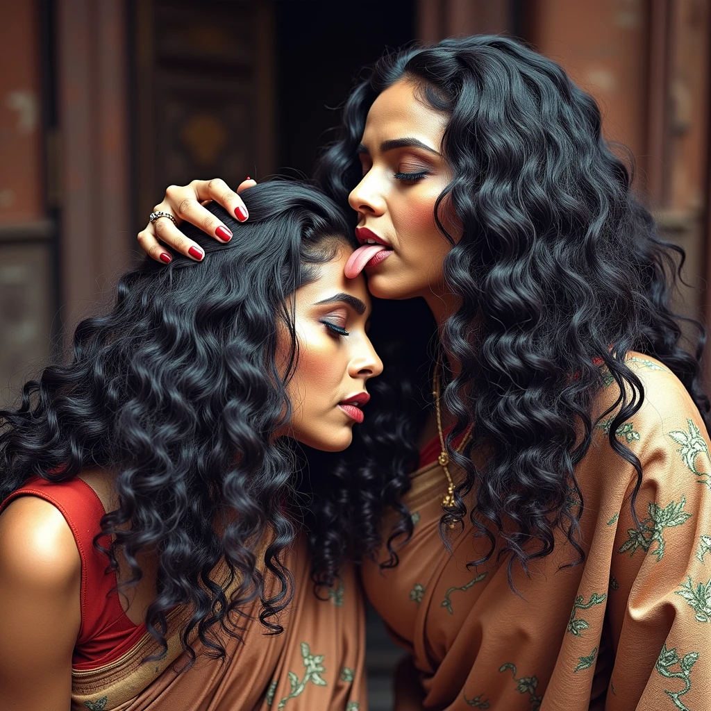 (Best Quality),(High resolution),(8k),(Masterpiece),indian kali temple,two mature ladies in sarees,stand out against the dark, mystical backdrop. Their unnaturally black, extreme coiled 3C curly hair, reminiscent of coiled springs, draws the eye with its inexplicable sheen and volume. Each strand seems to have been meticulously crafted by an unseen hand, coiled and coiled a million times over until it reaches a state of surreal perfection. The hair appears to have been showered with an unimaginable amount of oil, so much so that it resembles wet pulp, saturated and absorbing the light around them.kneeled,bend over and hands on the ground,one lady kissing head scalp from behind keeping tongue out((show me squat pose lady' tongue out,long tongue:1.0)),((perfect color grading))