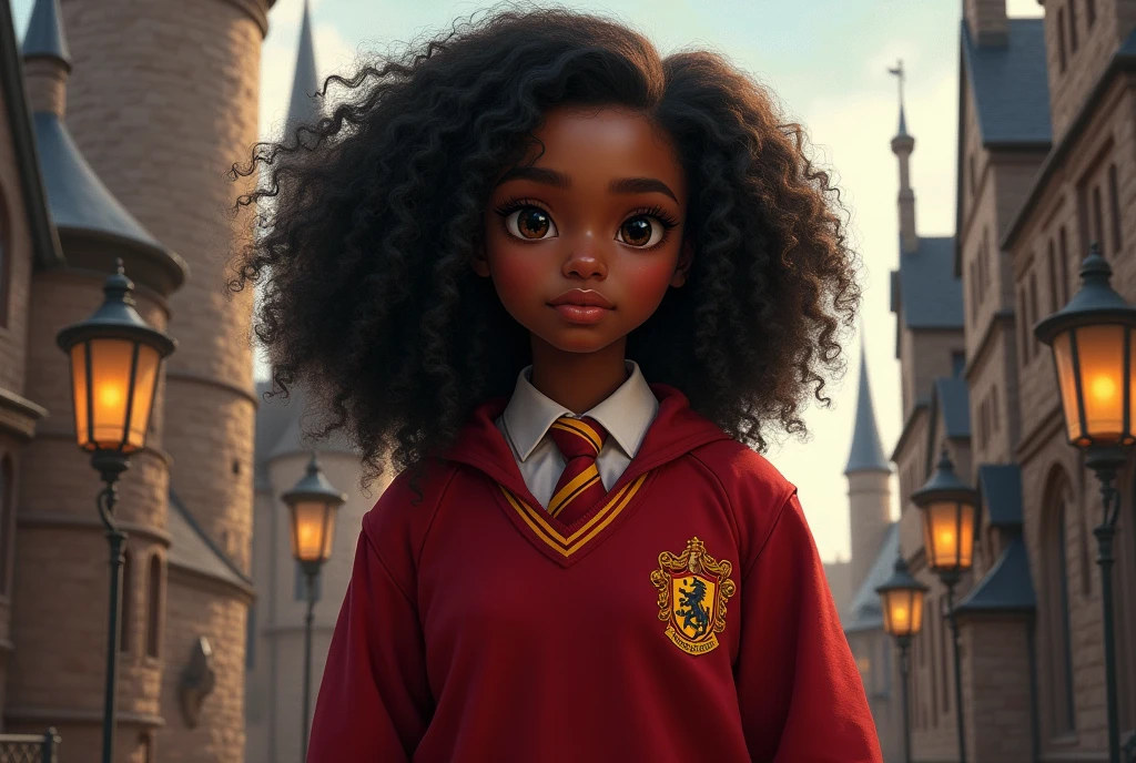 Angelina Johnson from the Harry Potter universe. Black-haired dark-skinned girl with curly hair, red uniform, 20 years, captain of the gryffindor Quidditch team