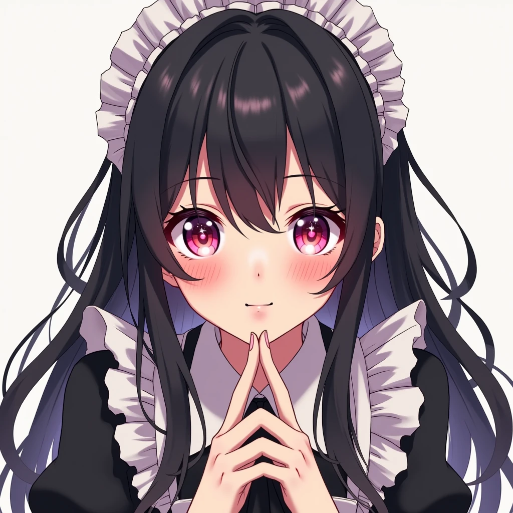 Draw Anime Style Adult Girl, maid outfit, Bblack hair,long hair,black bangs, perfect hands, perfect toes, heart pupils, with an obsessive look