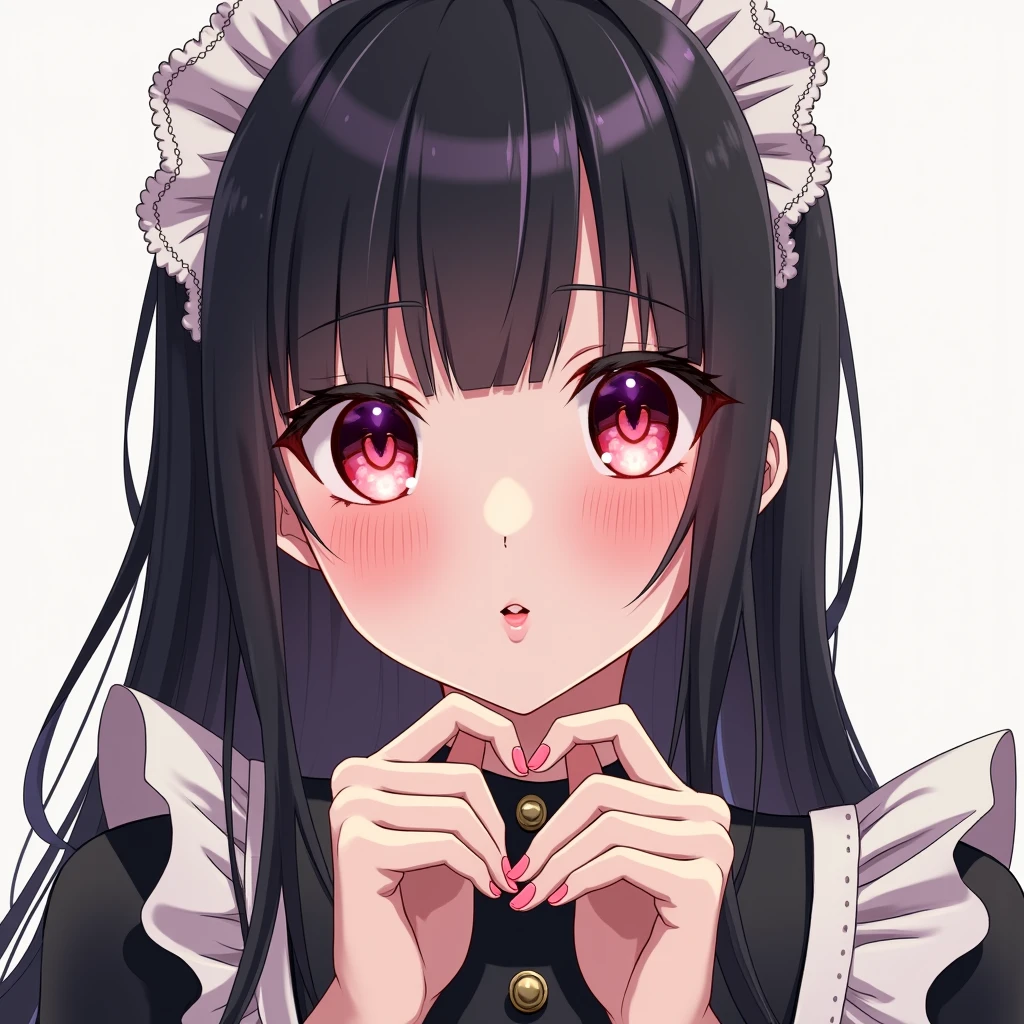 Draw Anime Style Adult Girl, maid outfit, Bblack hair,long hair,black bangs, perfect hands, perfect toes, heart pupils, with an obsessive look