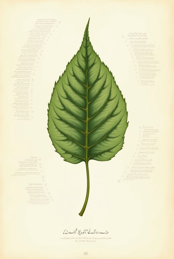 Create an image of a work on a sheet of paper where in the center there is a leaf of a plant and on the sides there are verses that explain the parts of a leaf.