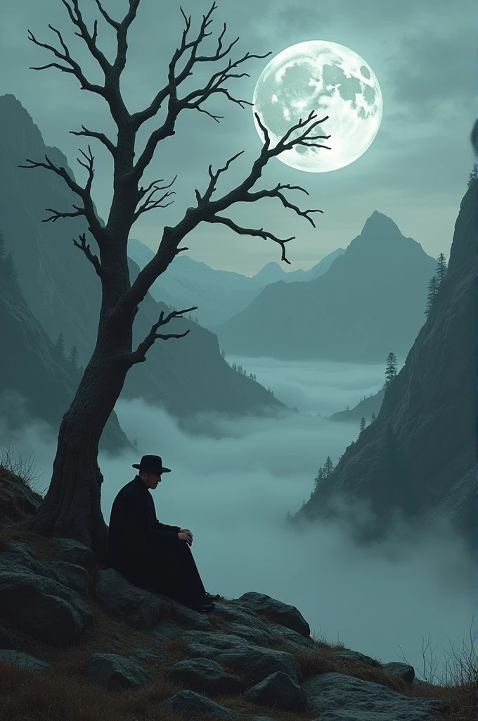 Make me a picture of a guy in black with a straight cap sitting at the foot of a dead tree., in a mountainous setting where the moon is covered by clouds, a very melancholic and sad scenario
