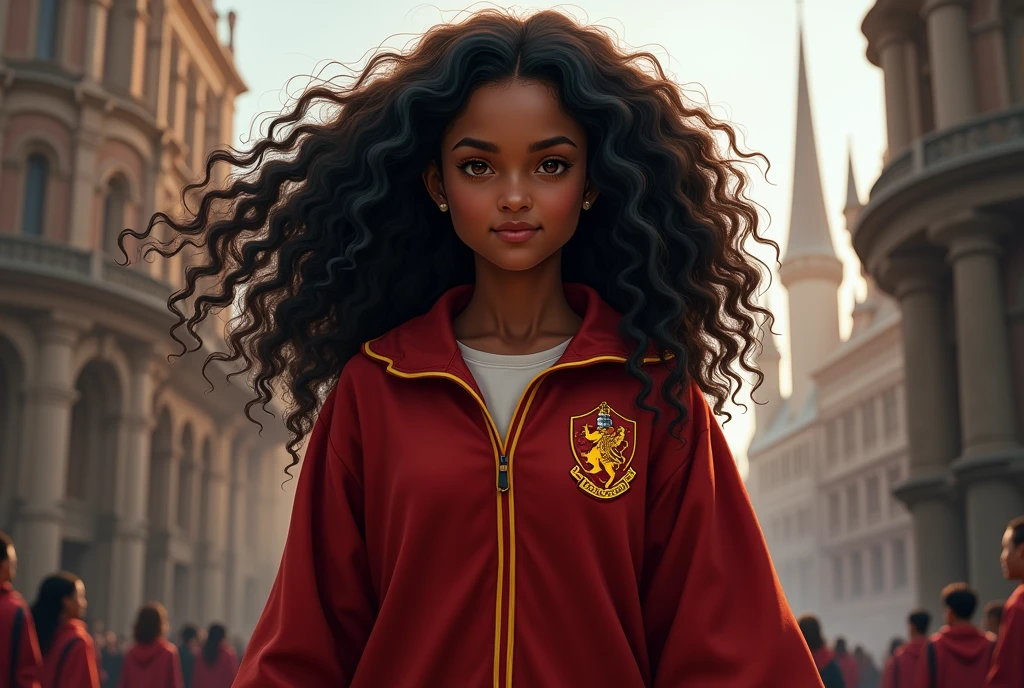 Angelina Johnson from the Harry Potter universe. Black-haired dark-skinned girl with curly hair, red uniform, 20 years, captain of the gryffindor Quidditch team