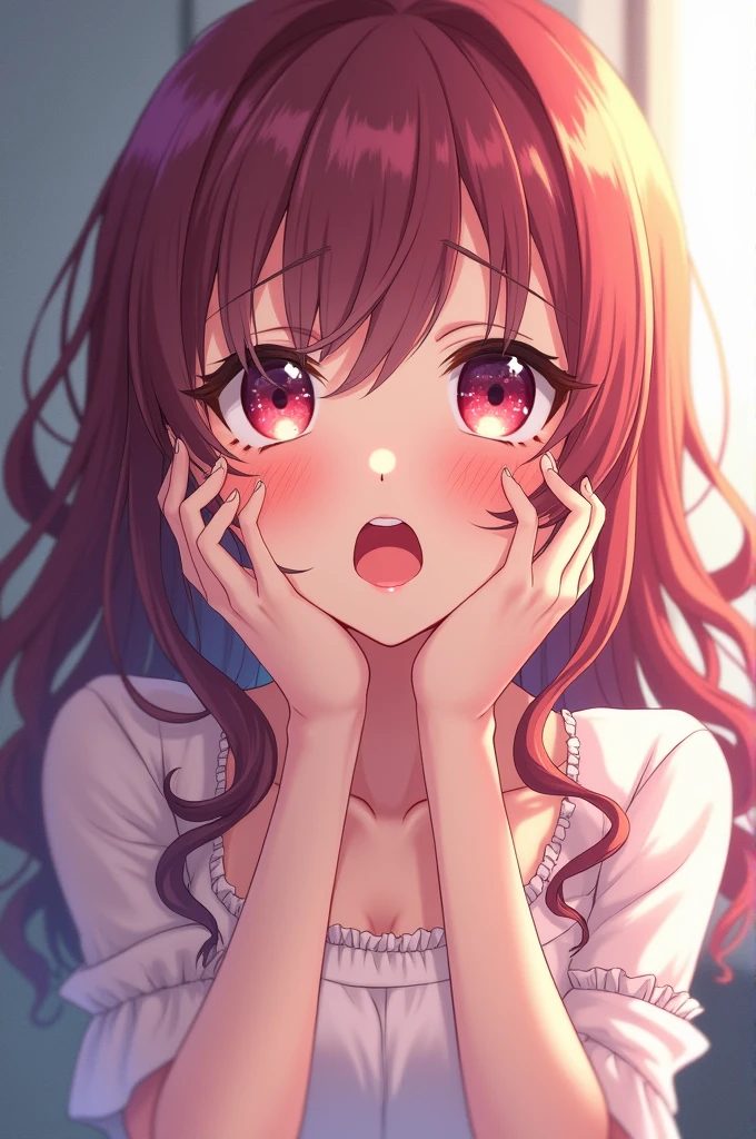 Anime girl with a shocked face and hands on her face