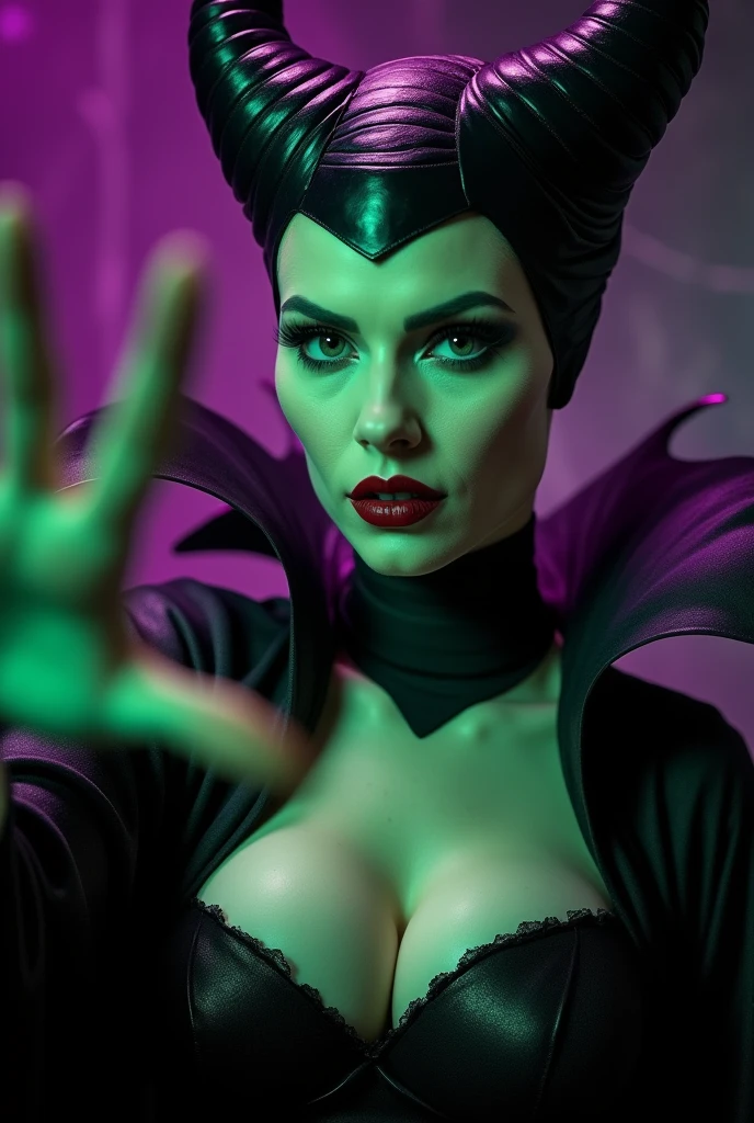 A stunning closeup portrait of Maleficent, she is extending a sexual invitation, she is fertile and wants to breed, location is dungeon interior, purple and green light, breasts, buxom, cleavage, powerful, pale eyes, dark red lipstick, high cheekbones, intense piercing stare