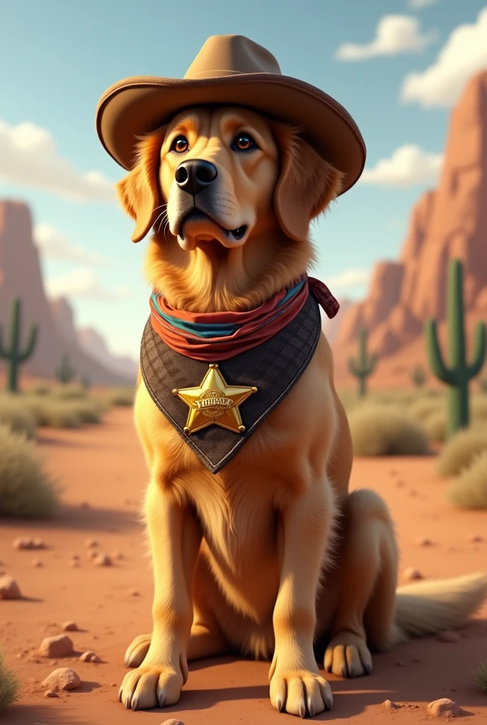 A golden retriever dressed as a cowboy with a bandana around its neck and a sheriff&#39;s badge in profile 