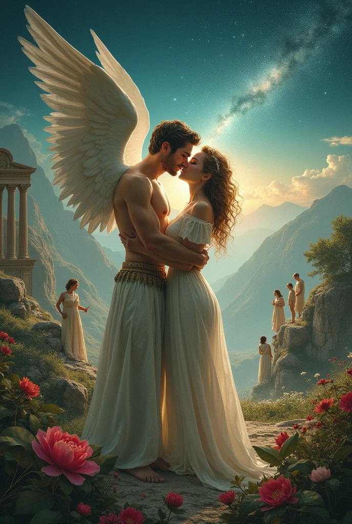 Create an image for a magazine cover titled Once Upon a Time in Greece of the kiss of Cupid and Psyche that looks mystical and various characters from Greco-Latin literature