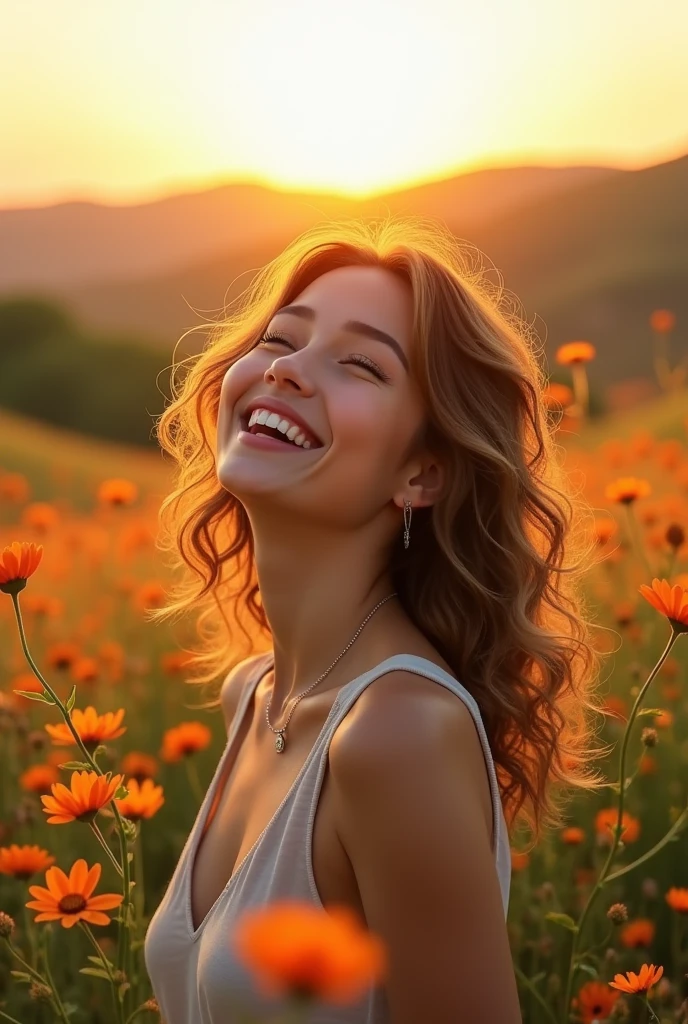 Portrait of a young woman sitting in a field of wildflowers at sunset – The woman has natural curly hair, and she is smiling with her head slightly tilted back, enjoying the warm sunlight. She wears a light, casual sleeveless top and simple jewelry. The background shows rolling hills, and the overall atmosphere is peaceful and joyful, with soft, golden light enhancing the colors of the flowers.