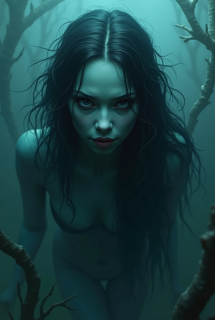 In a dimly lit, mysterious scene, a wispy, aquatic creature with aquamarine skin and sharp, shark-like teeth is observed emerging from the shadows of the ocean's depths. Her flowing black locks frame her ethereal, otherworldly features, as if a water wraith. The image is haunting and evocative, with the ominous, inky eyes staring out, as if beckoning you to venture deeper into the depths.