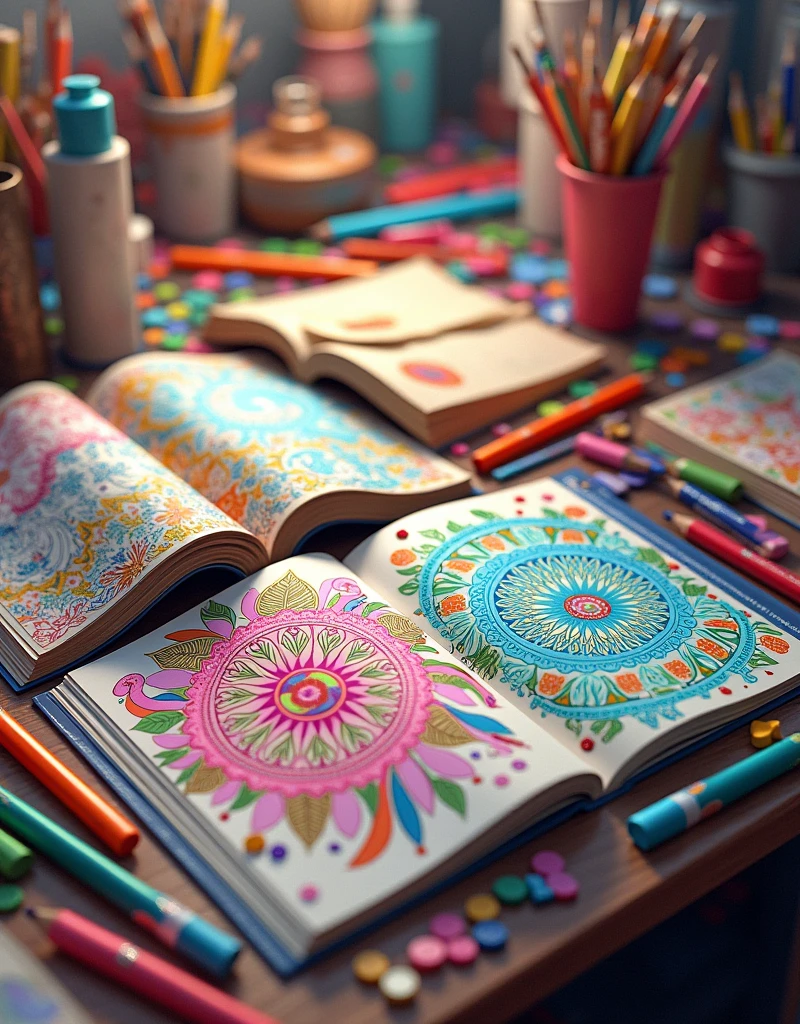table full of colors and a couple of open coloring books