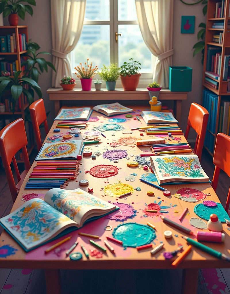 table full of colors and a couple of open coloring books