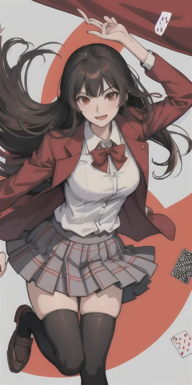 Yumeko Jabami from the anime Kakegurui, red eyes, school uniform red coat, white shirt, gray plaid skirt, black tights and brown shoes, playing cards flying