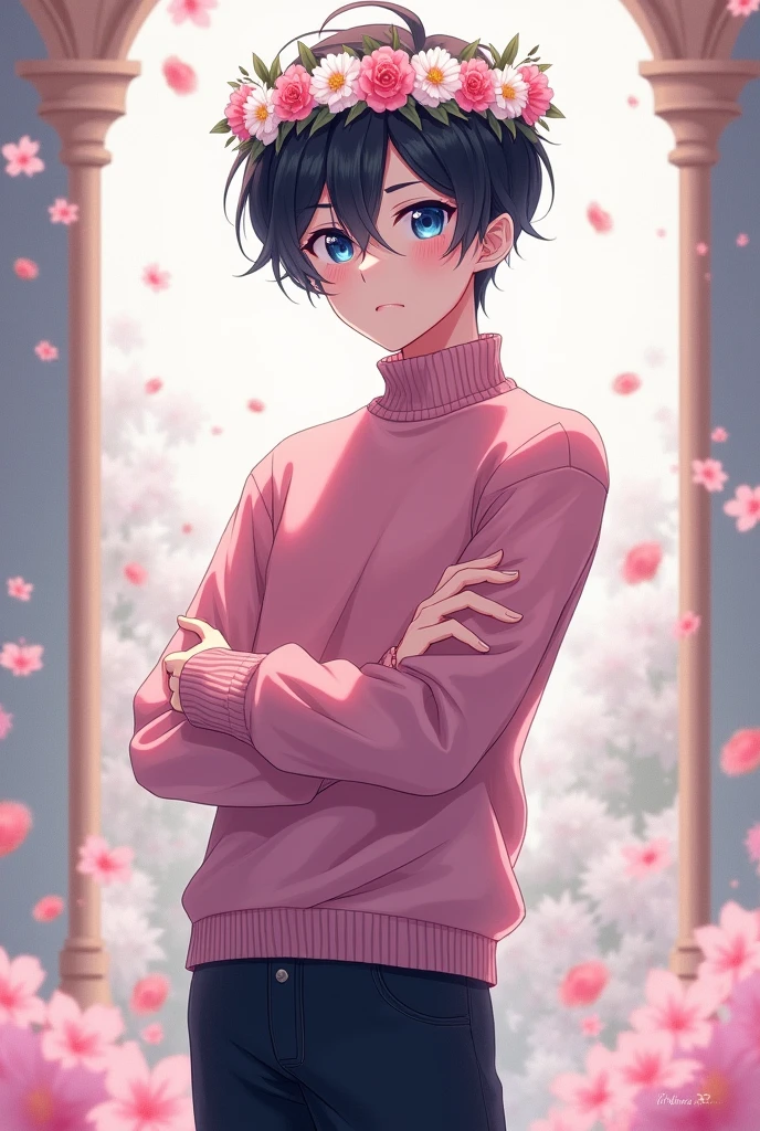 Male, Anime, 18-year old, Twink, Short black hair, Blue eyes, Flower crown, Rose-colored sweater, Black trousers, Black boots