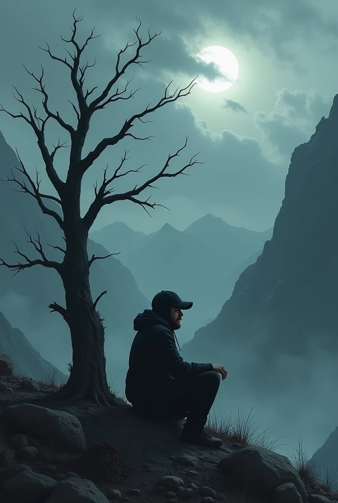 Make me a picture of a guy in black with a cap, sitting at the foot of a dead tree, in a mountainous setting where the moon is covered by clouds, a very melancholic and sad scenario
