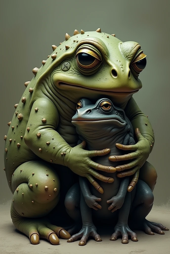 Ugly big frog hugging black old frog with heartbeat