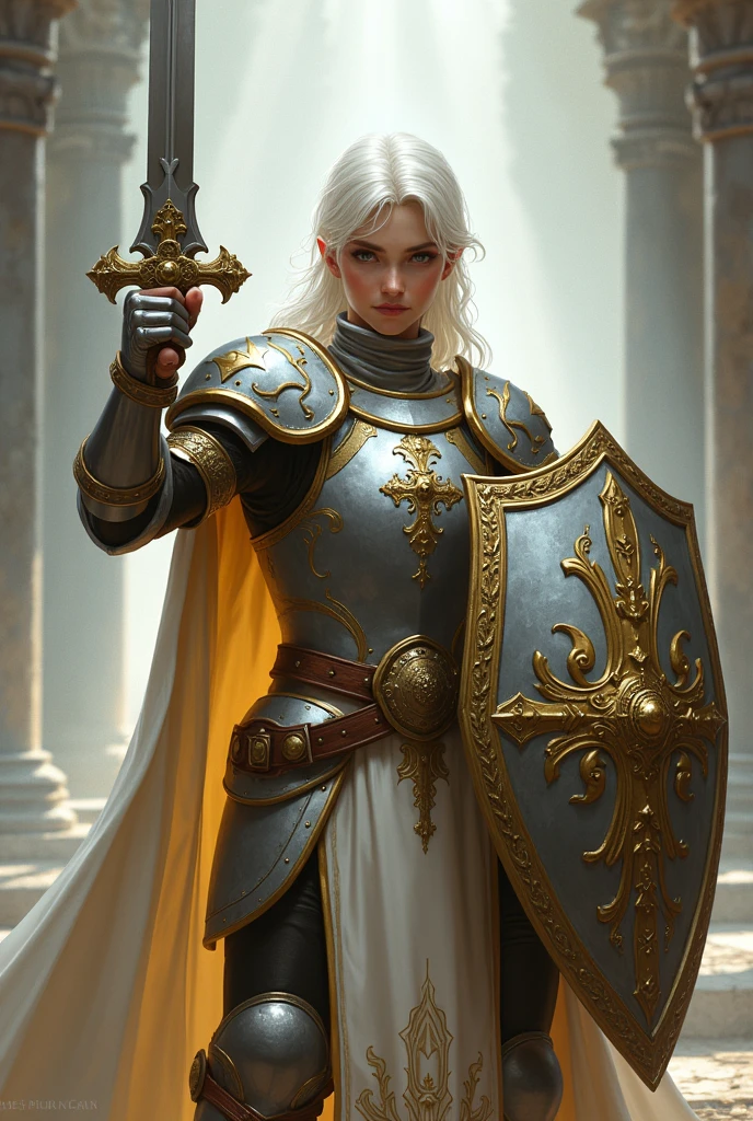 a holy looking youthful male half elf paladin (Dungeons & Dragons), holding a sword and shield, white silver hair, wearing a helmet, holy scenery, no cape