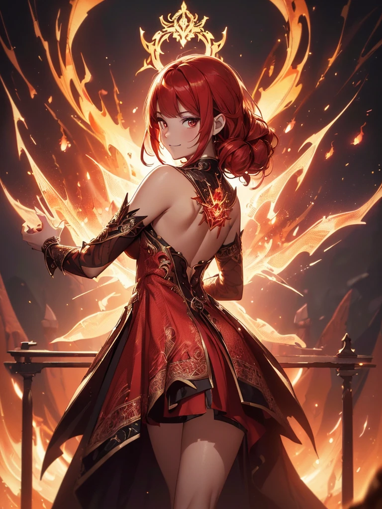 (((best quality, sharp image, clear image, cinematic lighting, 8k resolution, masterpiece, ultra detailed, intricate))) Girl, sorcerer, cute, intricate dress, smiling, fiery red, ((intricate background)), (rune frame), dimension, ((shot from behind)), fire sigils, chaotic background.