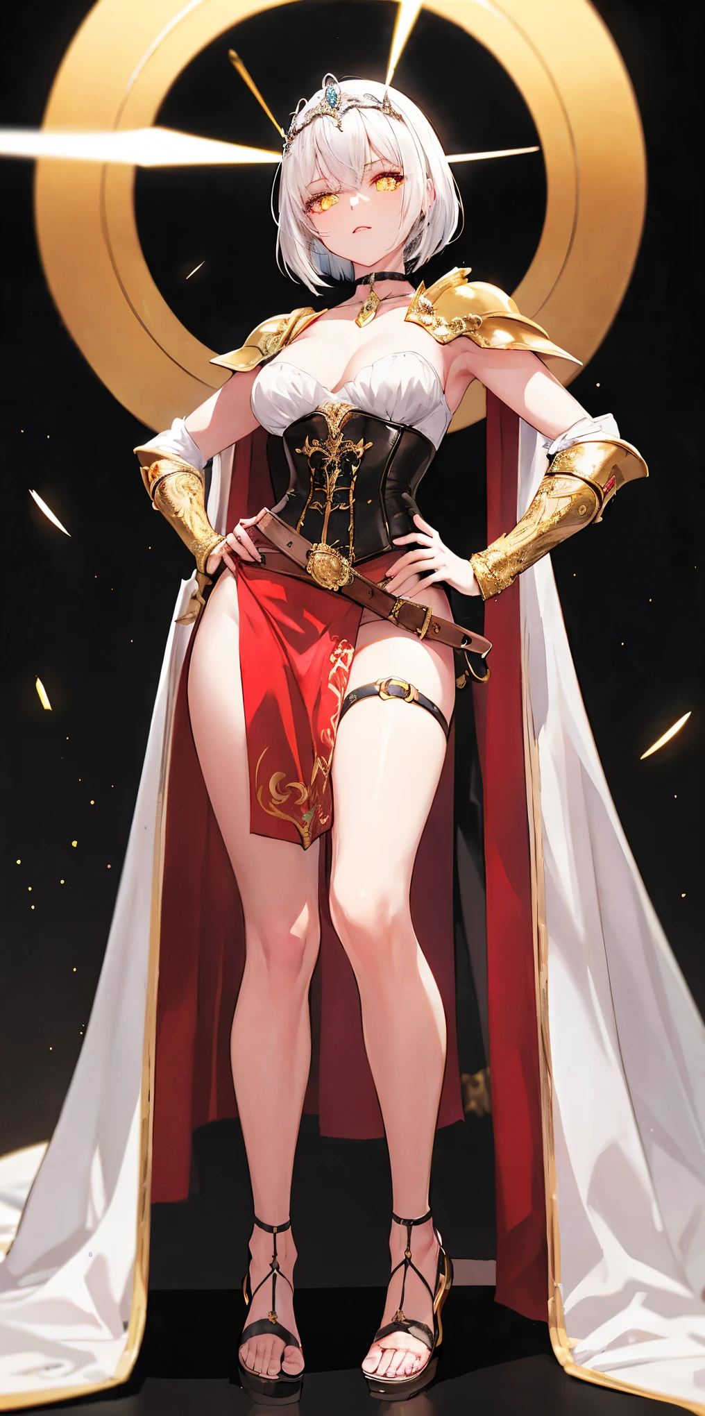 (black background) paladin lady in ornate golden armor, pauldrons, breastplate, corset, glowing halo, short hair, bob hair style, white silver hair, yellow glowing eyes, bright pupils, eye focus, red cape, particles, light beam, chromatic aberration, full body, whole body 1solo (girl) loincloth standing, hands on hips, metal sandals, leather black choker, big belt, view from below, feet together, bracers, tiara