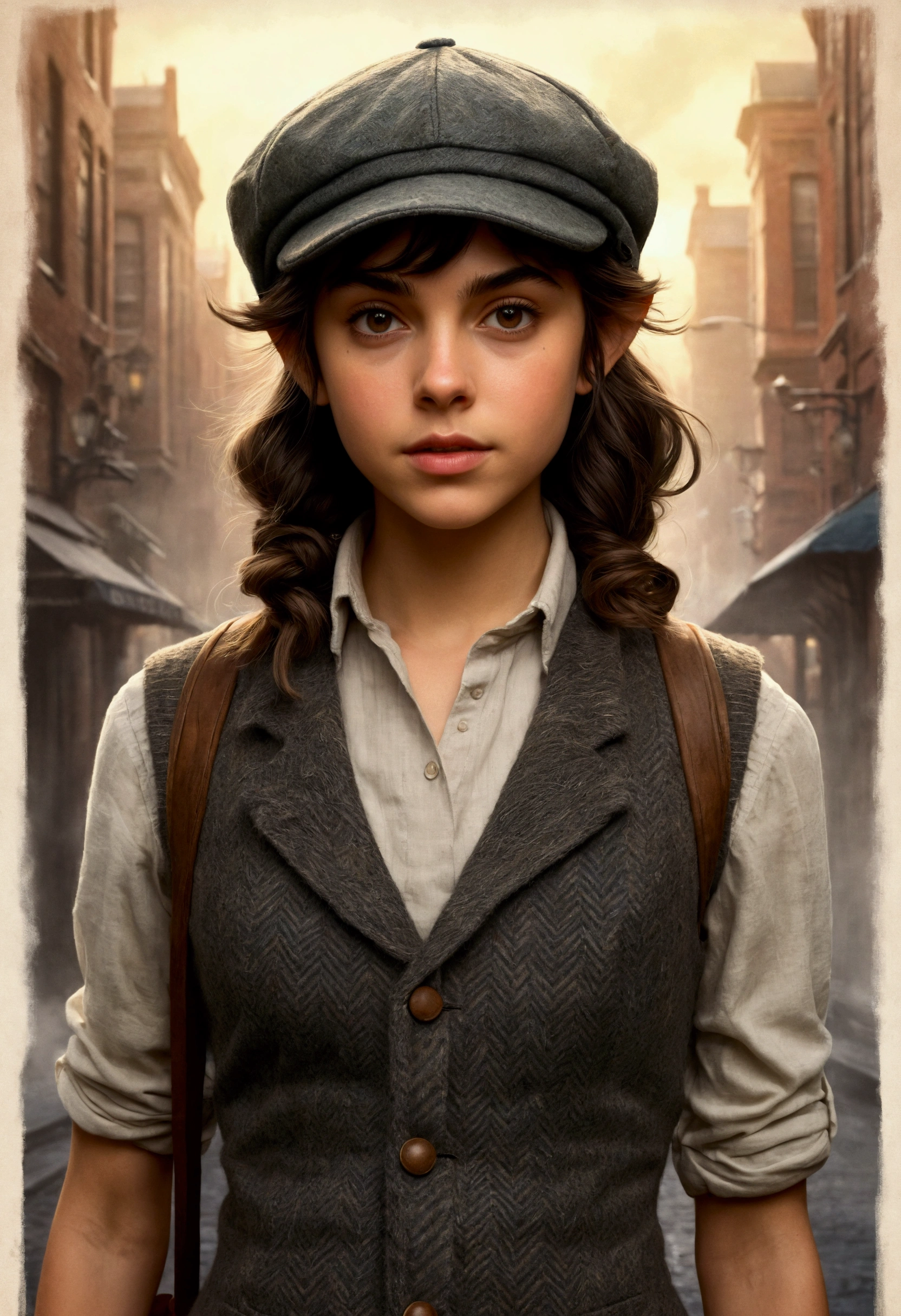 An illustrated movie poster, hand-drawn, full color, a teenage elven girl, wearing a tweed vest and a newsie cap, athletic hourglass figure, long pointy elf ears, dark hair, messy shaggy bob cut, deep sun-tanned skintone, resembles Ana De Armas, standing on a foggy victorian-era street corner, graphite shading, stencil marks, airbrushed acrylic paint, masterpiece, in the style of the Sherlock Holmes, elf ears