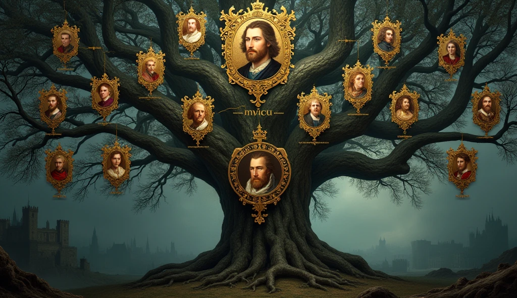 A cinematic and richly detailed family tree illustrating the complex lineage connecting Edward III of England to Philip IV of France, highlighting Edward’s claim to the French throne. The tree is depicted as a grand, ancient oak, its gnarled branches twisting through a dark, misty atmosphere, reflecting the tangled and disputed nature of the succession. Each branch bears a gilded shield with the names and portraits of key ancestors, rendered in a style reminiscent of medieval illuminated manuscripts. At the base of the tree, Philip IV is prominently displayed, with his lineage spreading upwards and branching out to include Edward III, whose portrait is positioned at a focal point on a higher branch, underscored by the claim to the French crown. The background is shadowed and mysterious, with faint outlines of castles and battlegrounds, suggesting the looming conflicts over this contested lineage. The entire scene is bathed in the soft, moody light characteristic of Edmund Blair Leighto, Surrealism, Hyperrealism, UHD, retina, masterpiece, accurate, anatomically correct, textured skin, super detail, 16k