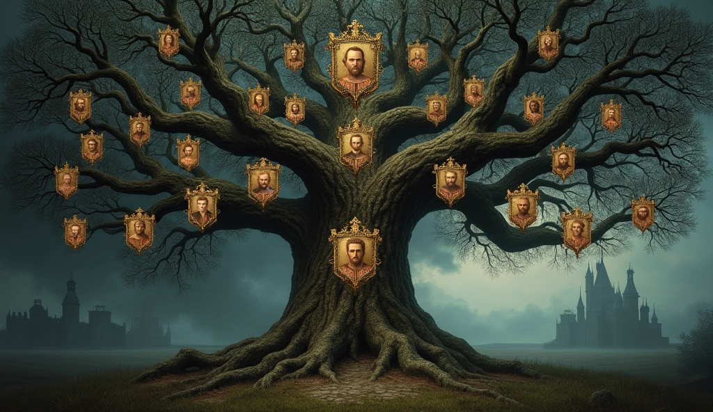 A cinematic and richly detailed family tree illustrating the complex lineage connecting Edward III of England to Philip IV of France, highlighting Edward’s claim to the French throne. The tree is depicted as a grand, ancient oak, its gnarled branches twisting through a dark, misty atmosphere, reflecting the tangled and disputed nature of the succession. Each branch bears a gilded shield with the names and portraits of key ancestors, rendered in a style reminiscent of medieval illuminated manuscripts. At the base of the tree, Philip IV is prominently displayed, with his lineage spreading upwards and branching out to include Edward III, whose portrait is positioned at a focal point on a higher branch, underscored by the claim to the French crown. The background is shadowed and mysterious, with faint outlines of castles and battlegrounds, suggesting the looming conflicts over this contested lineage. The entire scene is bathed in the soft, moody light characteristic of Edmund Blair Leighto, Surrealism, Hyperrealism, UHD, retina, masterpiece, accurate, anatomically correct, textured skin, super detail, 16k